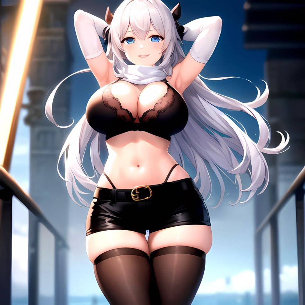 1girl Armpits Arms Behind Head Belt Black Bra Black Gloves Black Pantyhose Blue Eyes Blurry Blurry Background Bra Breasts Curvy, 430475345 - AIHentai - #main