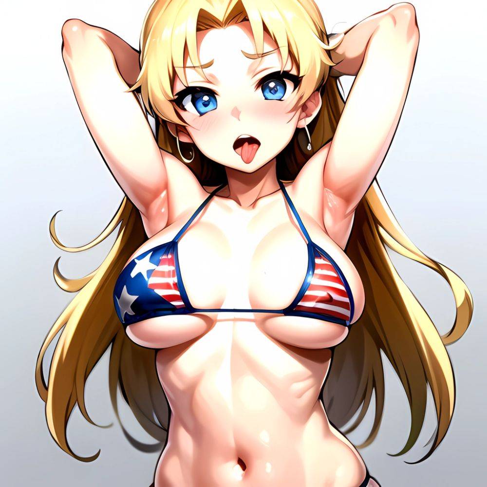 1girl American Flag Bikini Armpits Arms Behind Head Bikini Blonde Hair Blue Eyes Blush Breasts Covered Erect Nipples Flag Print, 3737150786 - AIHentai - #main