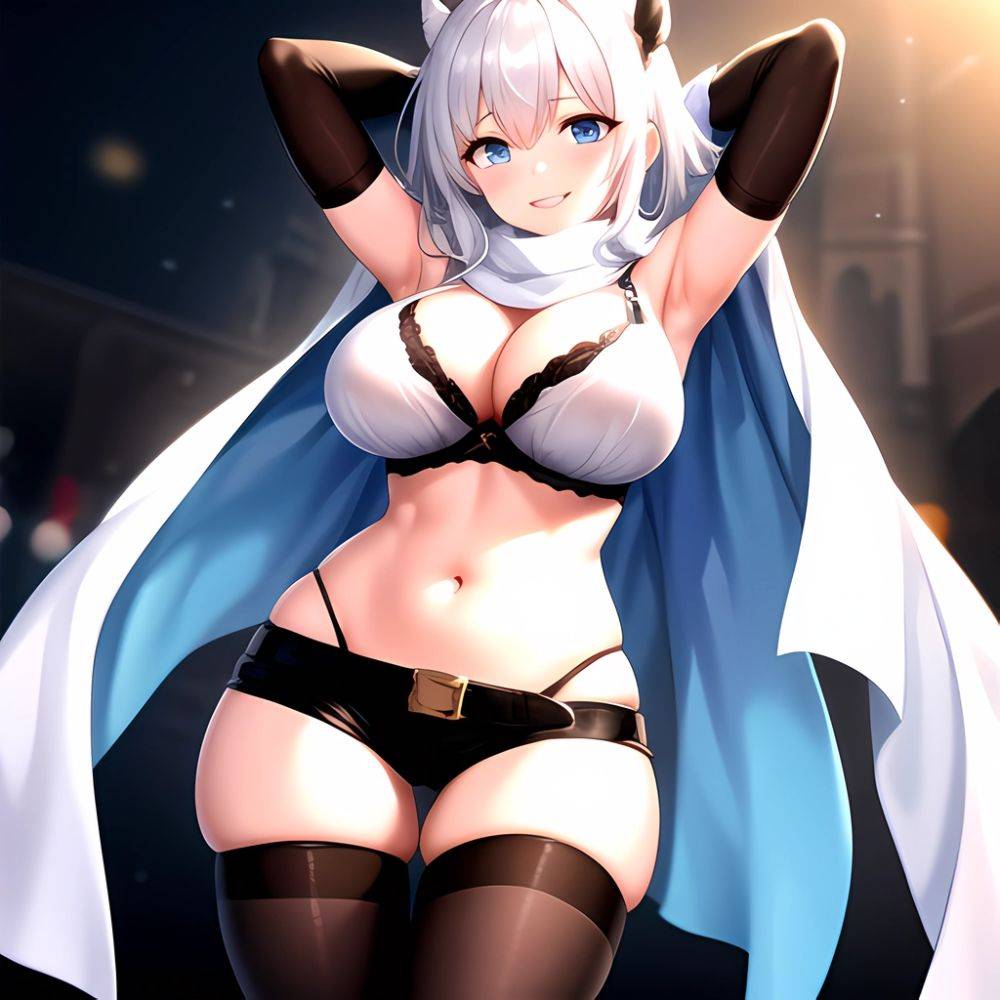 1girl Armpits Arms Behind Head Belt Black Bra Black Gloves Black Pantyhose Blue Eyes Blurry Blurry Background Bra Breasts Curvy, 3414035928 - AIHentai - #main