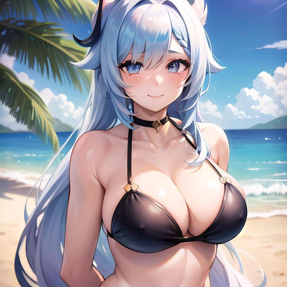 1girl Absurdres Bare Shoulders Beach Bikini Blue Eyes Blue Sky Blush Braid Braided Ponytail Breasts Cleavage Collarbone Genshin, 1480374994 - AIHentai - #main