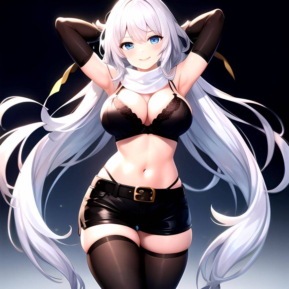 1girl Armpits Arms Behind Head Belt Black Bra Black Gloves Black Pantyhose Blue Eyes Blurry Blurry Background Bra Breasts Curvy, 2449878314 - AIHentai - #main