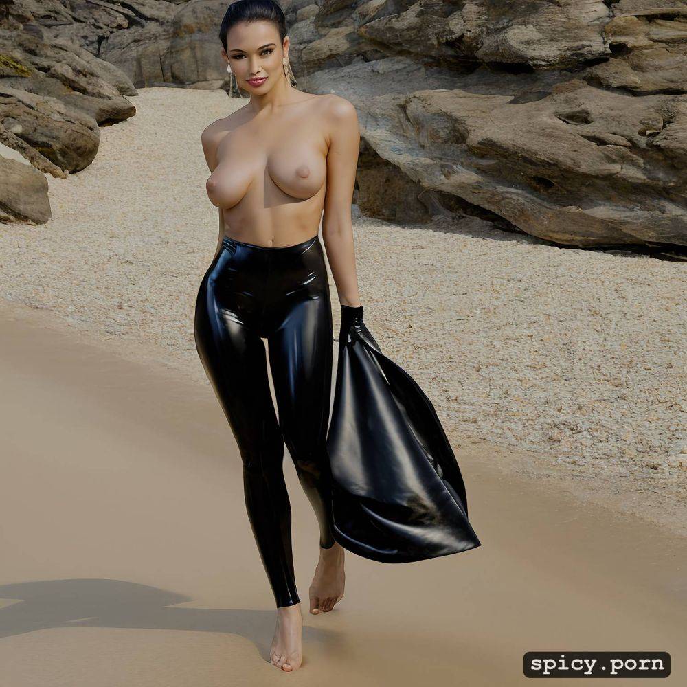 portrait, pixie hair, elegant, on beach, latex, black lady, muscular body - #main