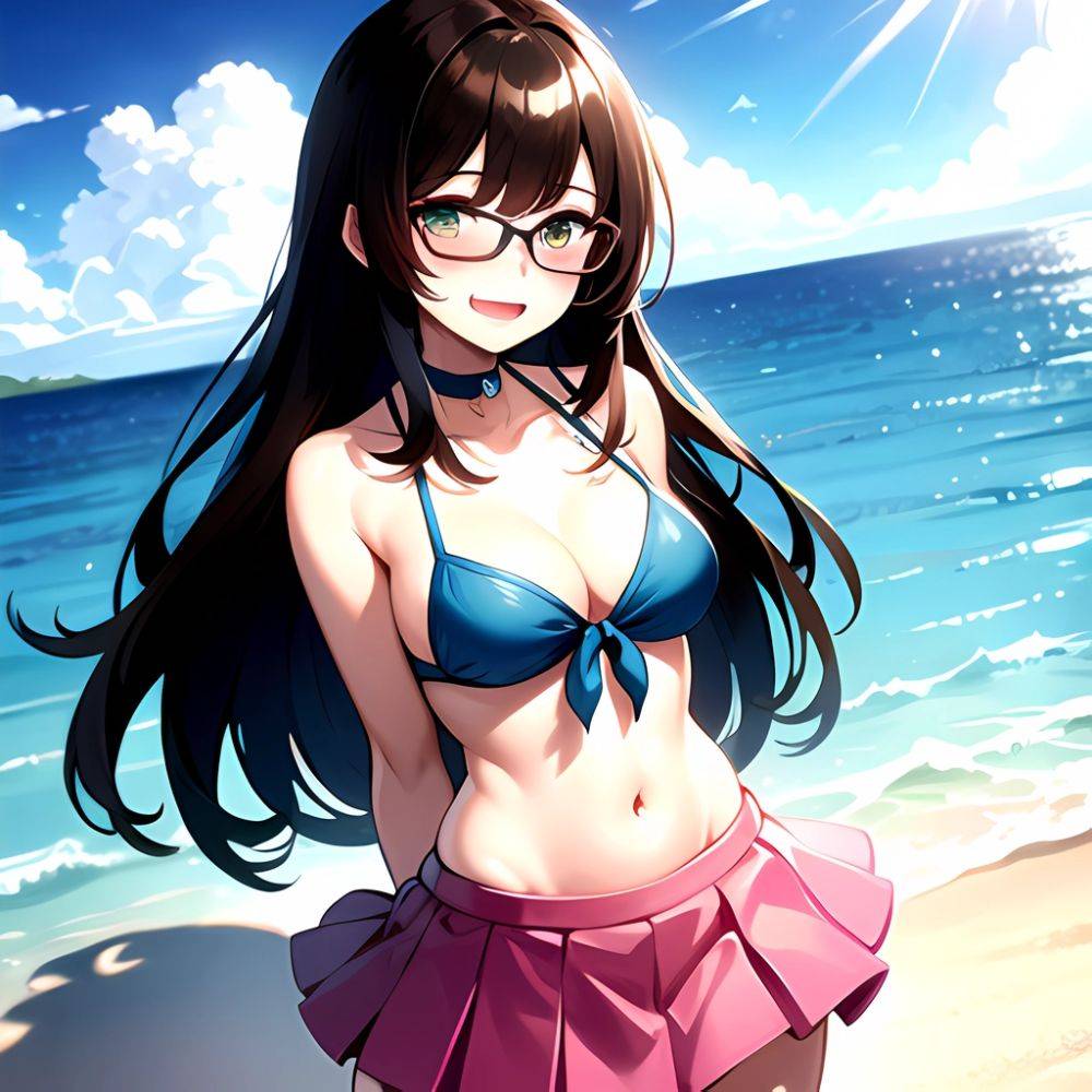 1girl D Bikini Bikini Bottom Aside Bikini Skirt Black Choker Blush Breasts Brown Hair Choker Cleavage Clothing Aside Front Tie, 2973277594 - AIHentai - #main