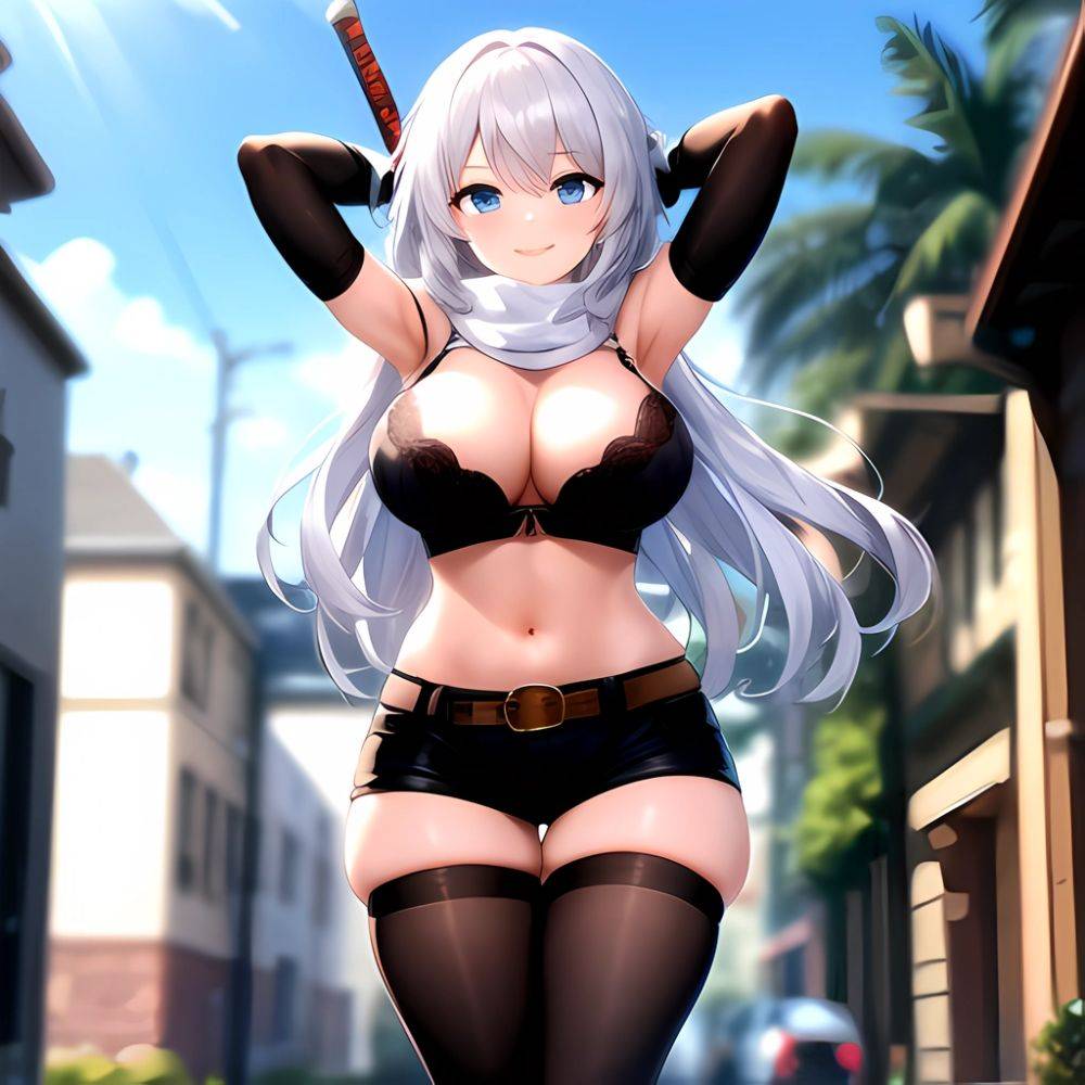 1girl Armpits Arms Behind Head Belt Black Bra Black Gloves Black Pantyhose Blue Eyes Blurry Blurry Background Bra Breasts Curvy, 1722190258 - AIHentai - #main