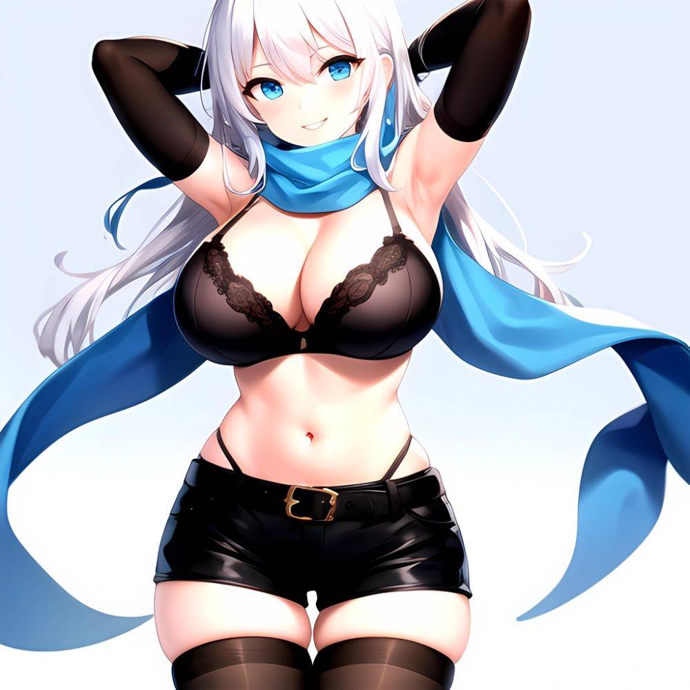 1girl Armpits Arms Behind Head Belt Black Bra Black Gloves Black Pantyhose Blue Eyes Blurry Blurry Background Bra Breasts Curvy, 1144800001 - AIHentai - #main