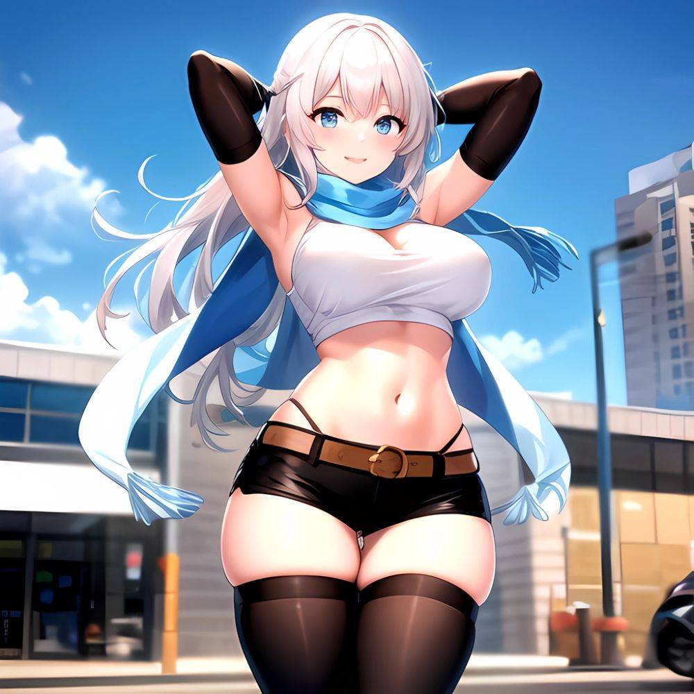 1girl Armpits Arms Behind Head Belt Black Bra Black Gloves Black Pantyhose Blue Eyes Blurry Blurry Background Bra Breasts Curvy, 1807688093 - AIHentai - #main