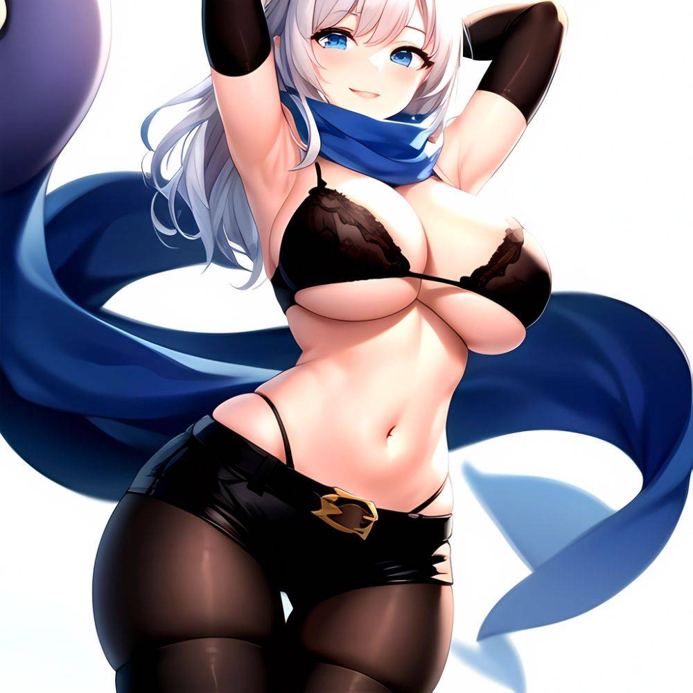 1girl Armpits Arms Behind Head Belt Black Bra Black Gloves Black Pantyhose Blue Eyes Blurry Blurry Background Bra Breasts Curvy, 3877072983 - AIHentai - #main
