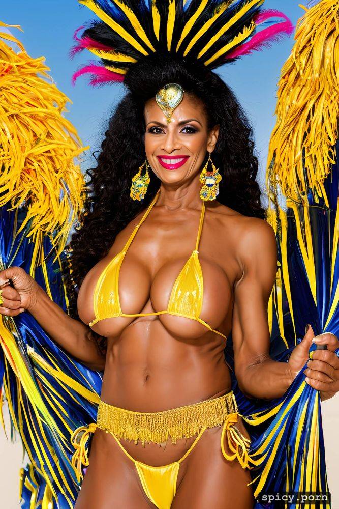 color portrait, huge natural boobs, 65 yo beautiful performing brazilian carnival dancer - #main