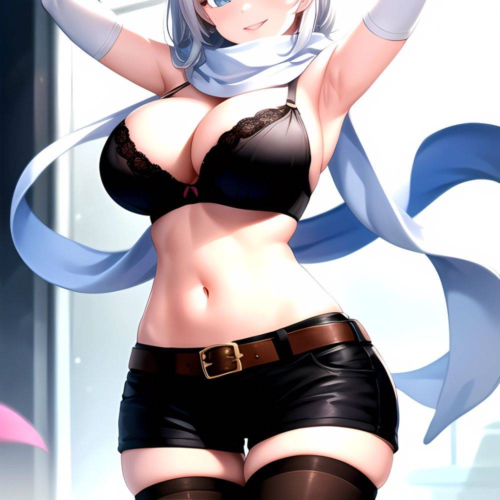 1girl Armpits Arms Behind Head Belt Black Bra Black Gloves Black Pantyhose Blue Eyes Blurry Blurry Background Bra Breasts Curvy, 1936195984 - AIHentai - #main