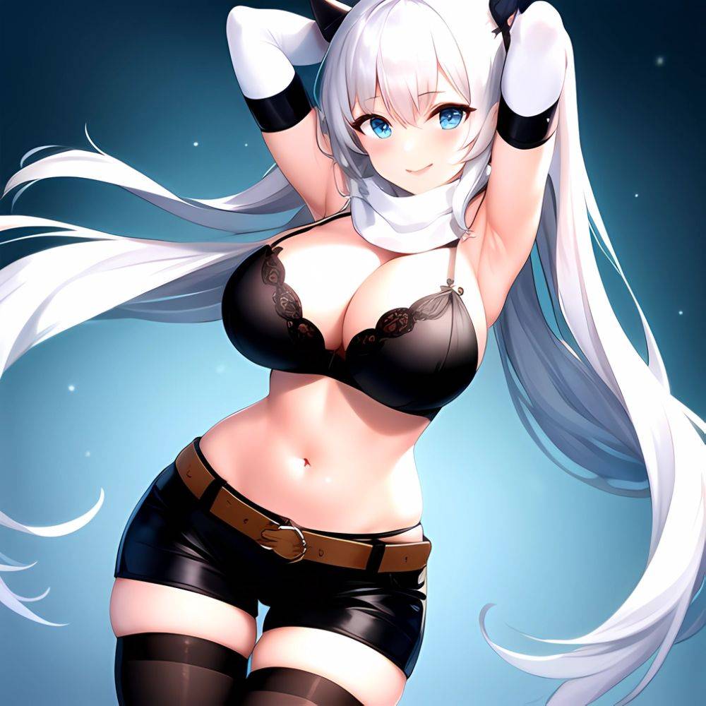 1girl Armpits Arms Behind Head Belt Black Bra Black Gloves Black Pantyhose Blue Eyes Blurry Blurry Background Bra Breasts Curvy, 2152430951 - AIHentai - #main