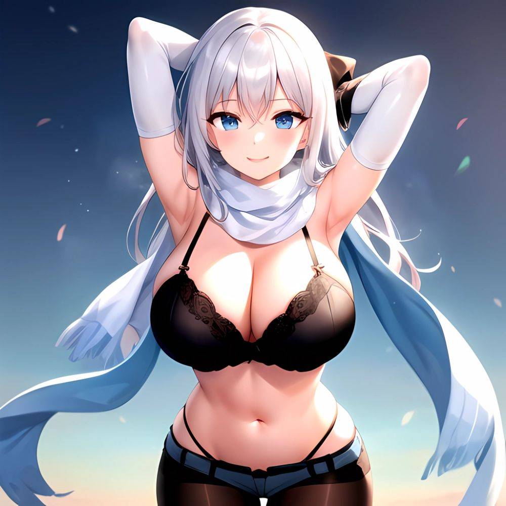 1girl Armpits Arms Behind Head Belt Black Bra Black Gloves Black Pantyhose Blue Eyes Blurry Blurry Background Bra Breasts Curvy, 1027160215 - AIHentai - #main