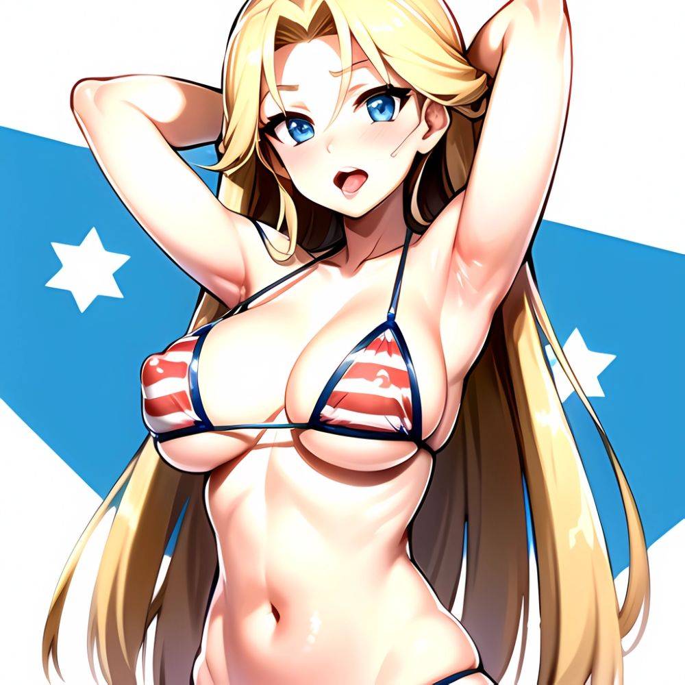 1girl American Flag Bikini Armpits Arms Behind Head Bikini Blonde Hair Blue Eyes Blush Breasts Covered Erect Nipples Flag Print, 2323132750 - AIHentai - #main