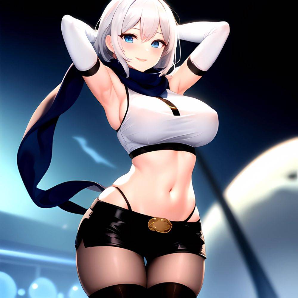 1girl Armpits Arms Behind Head Belt Black Bra Black Gloves Black Pantyhose Blue Eyes Blurry Blurry Background Bra Breasts Curvy, 844938173 - AIHentai - #main
