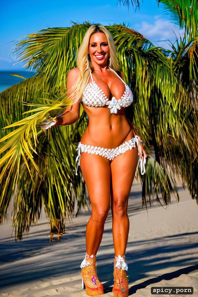 color portrait, long hair, 39 yo beautiful performing white rio carnival dancer at copacabana beach - #main