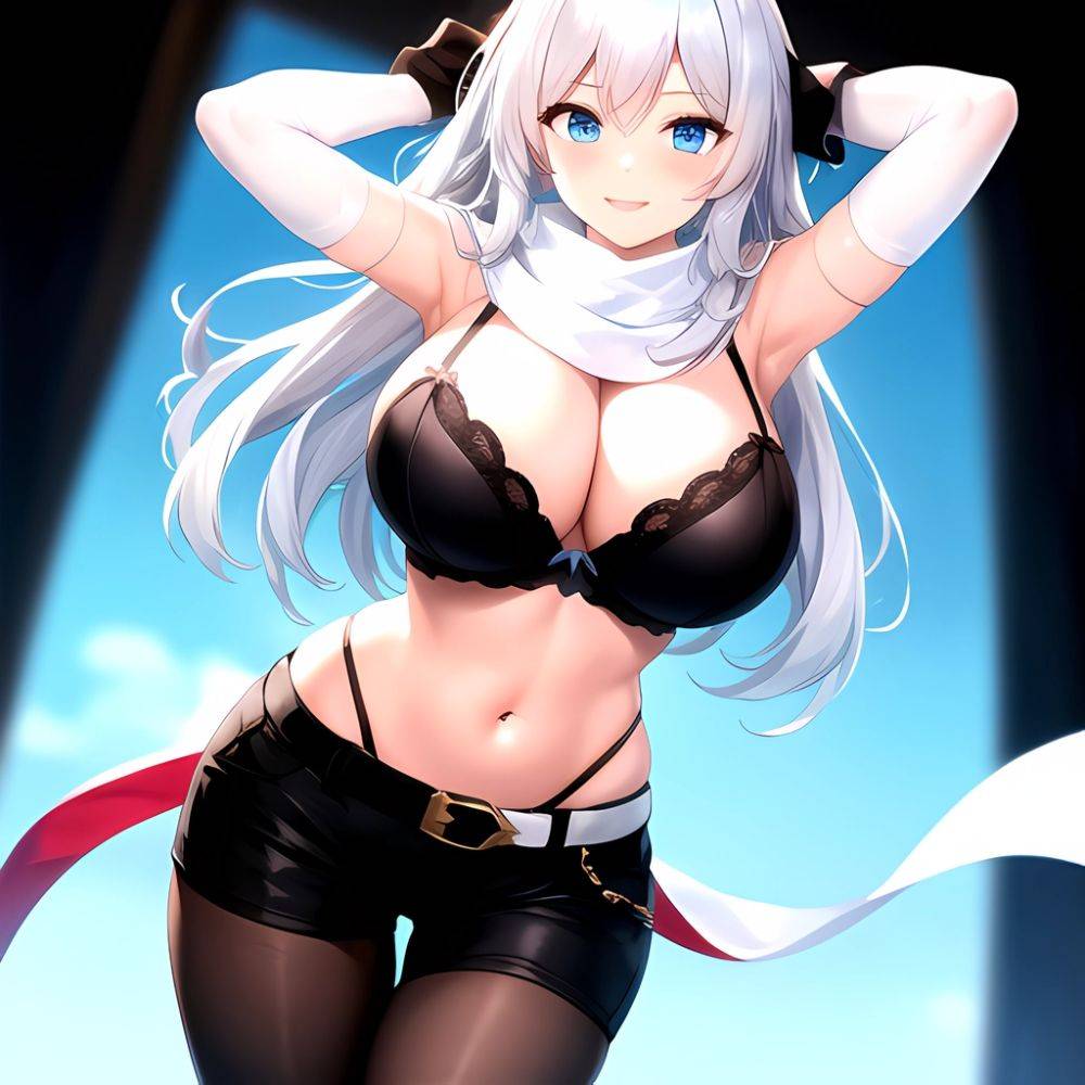 1girl Armpits Arms Behind Head Belt Black Bra Black Gloves Black Pantyhose Blue Eyes Blurry Blurry Background Bra Breasts Curvy, 2439613053 - AIHentai - #main