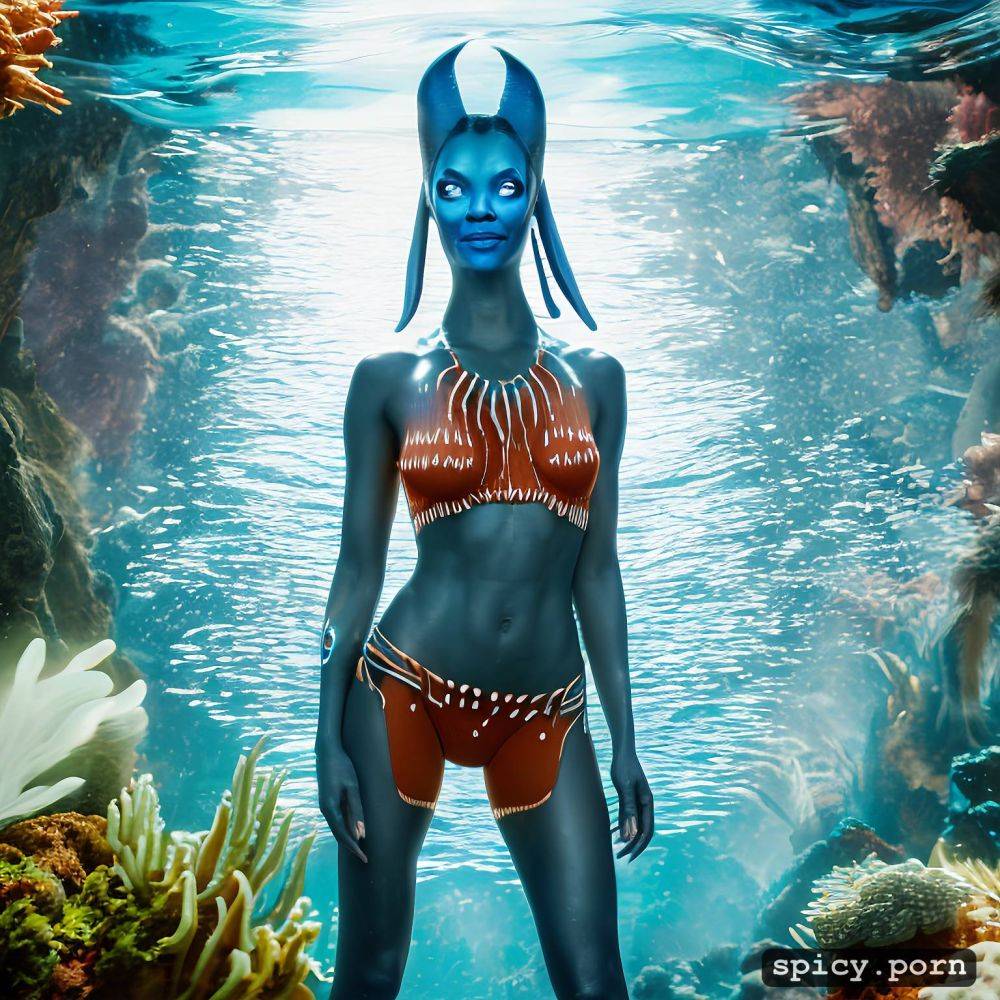 realistic, visible nipple, masterpiece, zoe saldana as blue alien from the movie avatar zoe saldana swimming underwater near a coral reef wearing tribal top and thong - #main