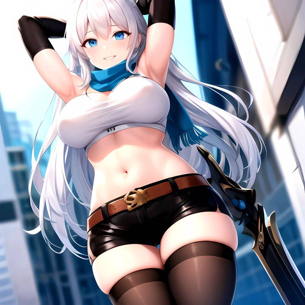 1girl Armpits Arms Behind Head Belt Black Bra Black Gloves Black Pantyhose Blue Eyes Blurry Blurry Background Bra Breasts Curvy, 1662473485 - AIHentai - #main