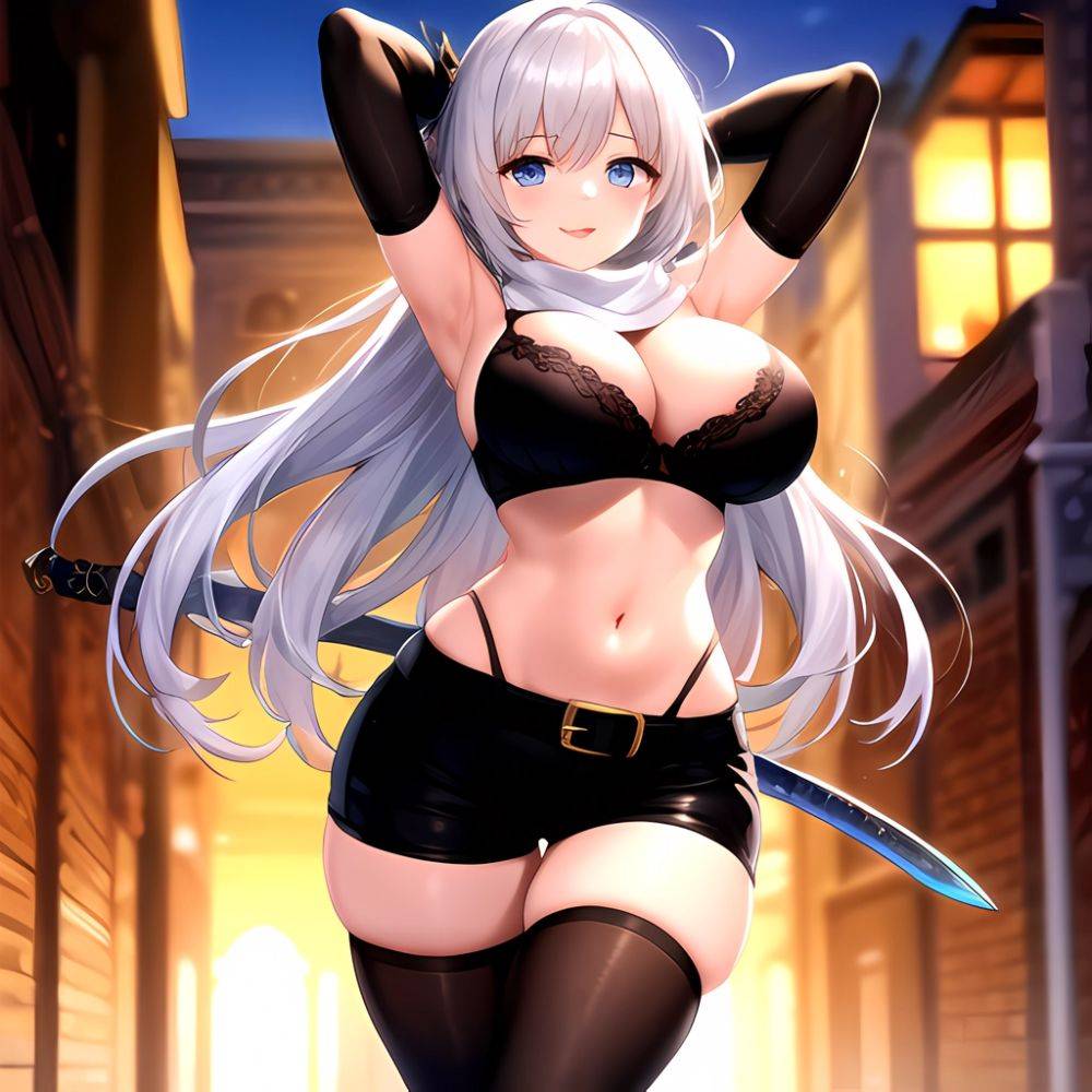 1girl Armpits Arms Behind Head Belt Black Bra Black Gloves Black Pantyhose Blue Eyes Blurry Blurry Background Bra Breasts Curvy, 4137733419 - AIHentai - #main