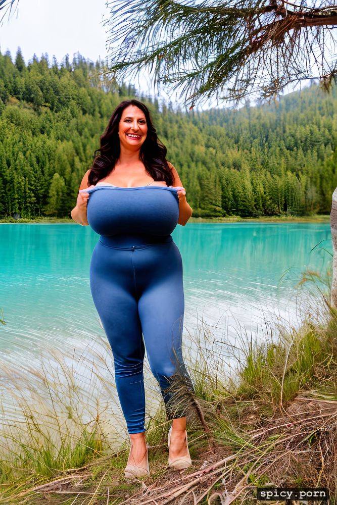 color photo, standing straight at a mountain lake beach, hourglass figure - #main