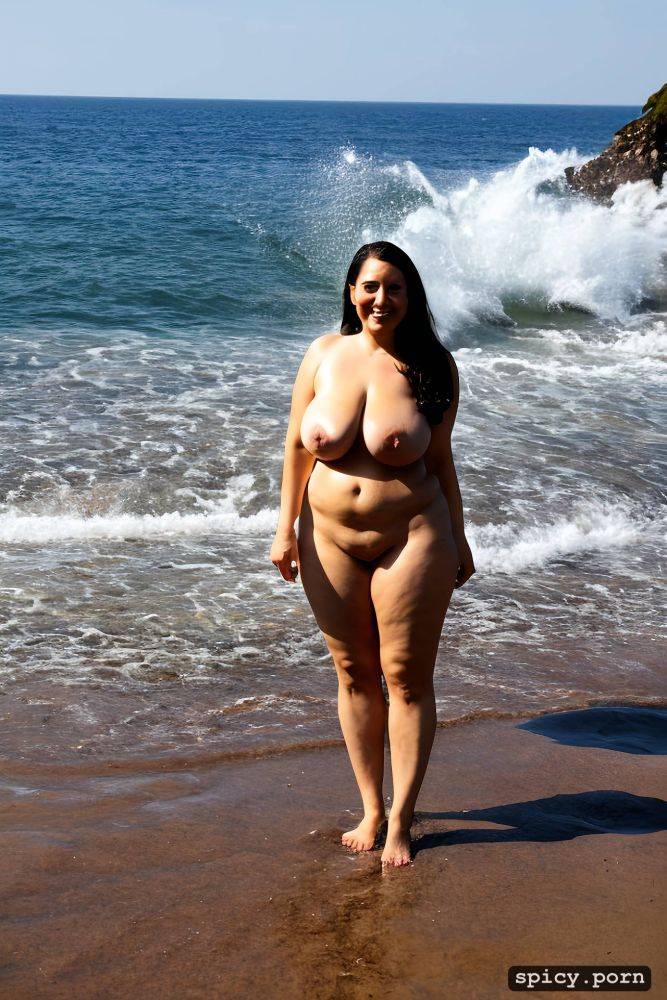 color photo, standing straight at a black sea beach, hourglass figure - #main