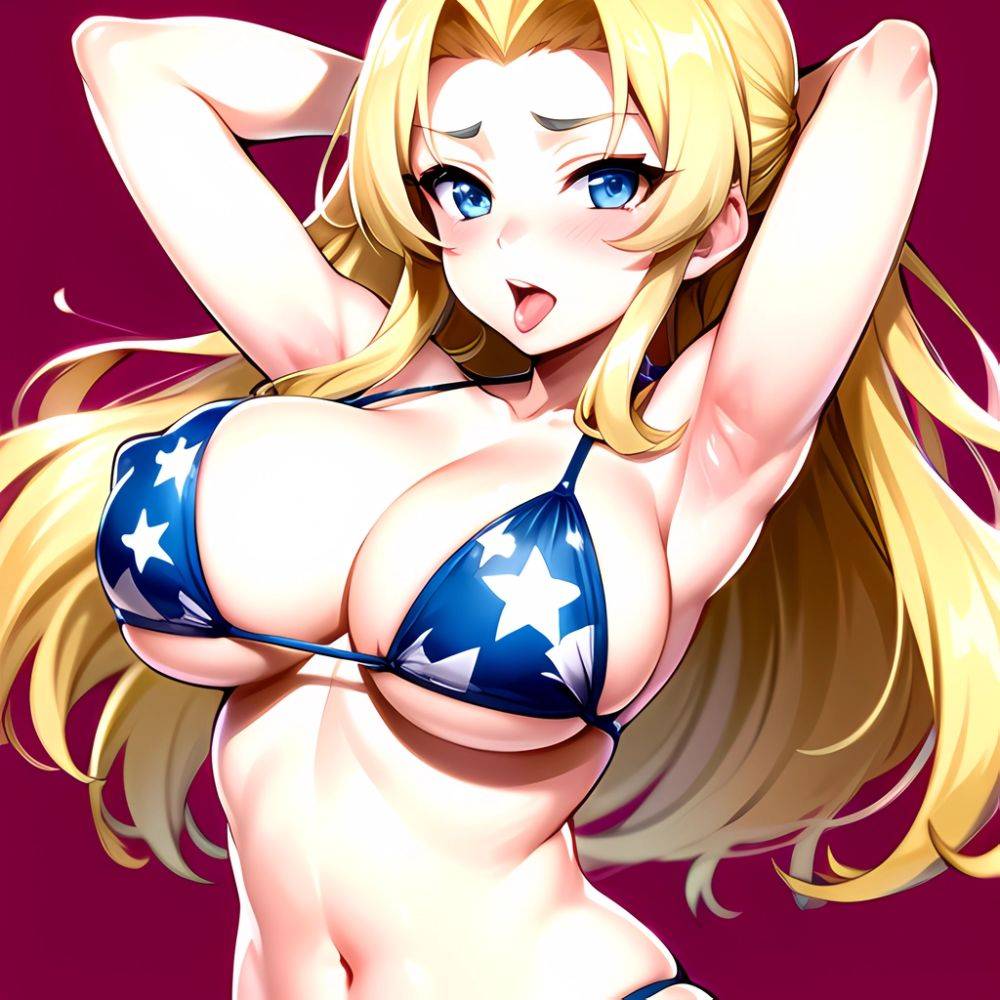 1girl American Flag Bikini Armpits Arms Behind Head Bikini Blonde Hair Blue Eyes Blush Breasts Covered Erect Nipples Flag Print, 4292828931 - AIHentai - #main