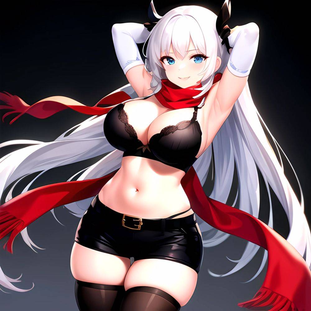 1girl Armpits Arms Behind Head Belt Black Bra Black Gloves Black Pantyhose Blue Eyes Blurry Blurry Background Bra Breasts Curvy, 2003391957 - AIHentai - #main