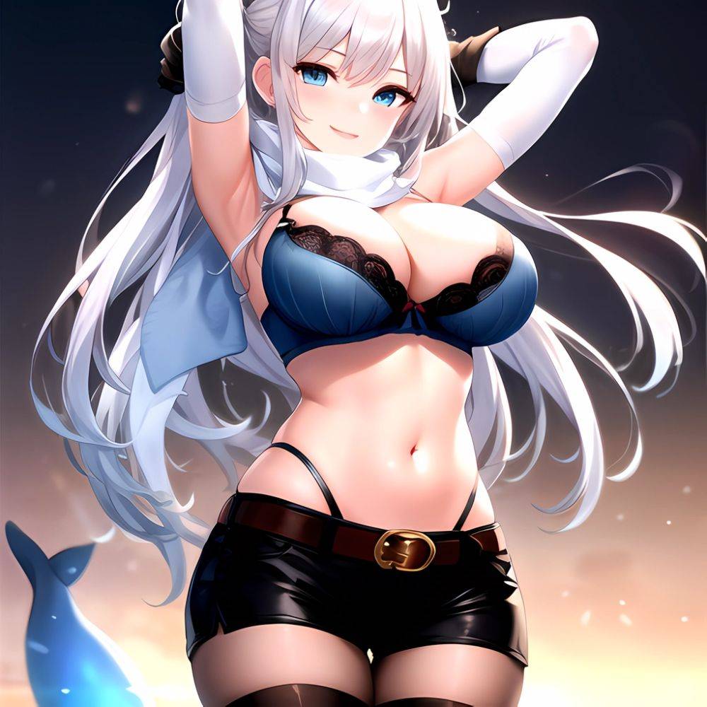 1girl Armpits Arms Behind Head Belt Black Bra Black Gloves Black Pantyhose Blue Eyes Blurry Blurry Background Bra Breasts Curvy, 2535600599 - AIHentai - #main