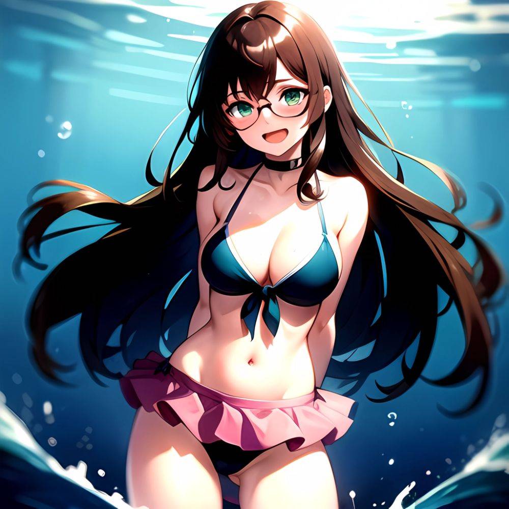 1girl D Bikini Bikini Bottom Aside Bikini Skirt Black Choker Blush Breasts Brown Hair Choker Cleavage Clothing Aside Front Tie, 950111756 - AIHentai - #main