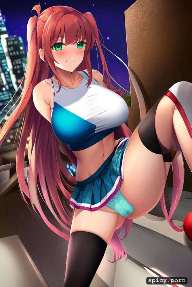 green eyes, in love, holding the end edges of her skirt, standing on the rooftop with the night city in the background - #main