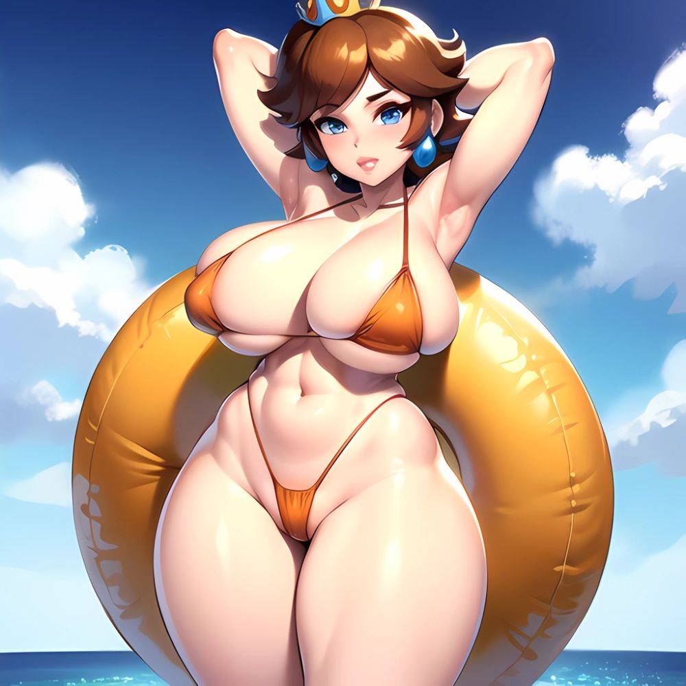 1girl Areola Slip Armpits Arms Behind Head Bikini Blue Eyes Blush Breasts Brown Hair Cleavage Huge Breasts Legs Mario Series, 3133790724 - AIHentai - #main