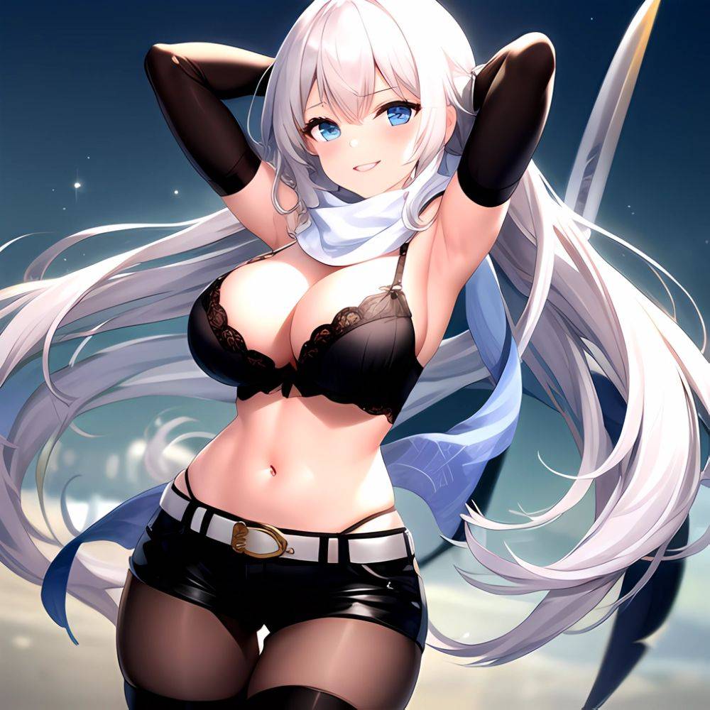 1girl Armpits Arms Behind Head Belt Black Bra Black Gloves Black Pantyhose Blue Eyes Blurry Blurry Background Bra Breasts Curvy, 1253470728 - AIHentai - #main