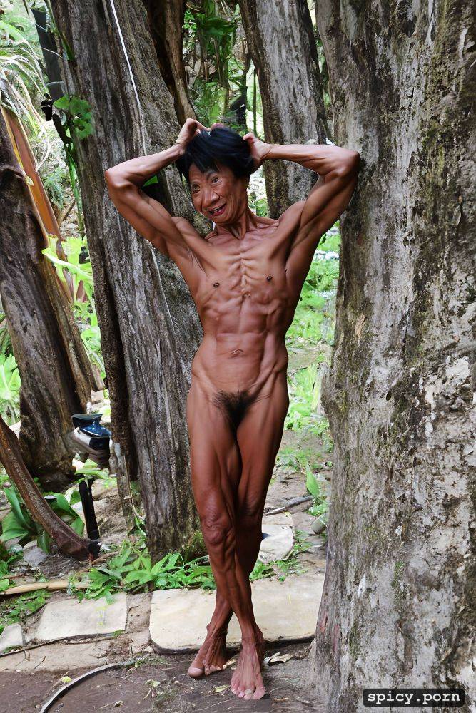 short hair, no missing limbs, face, thai granny, outdoor, muscular arms - #main
