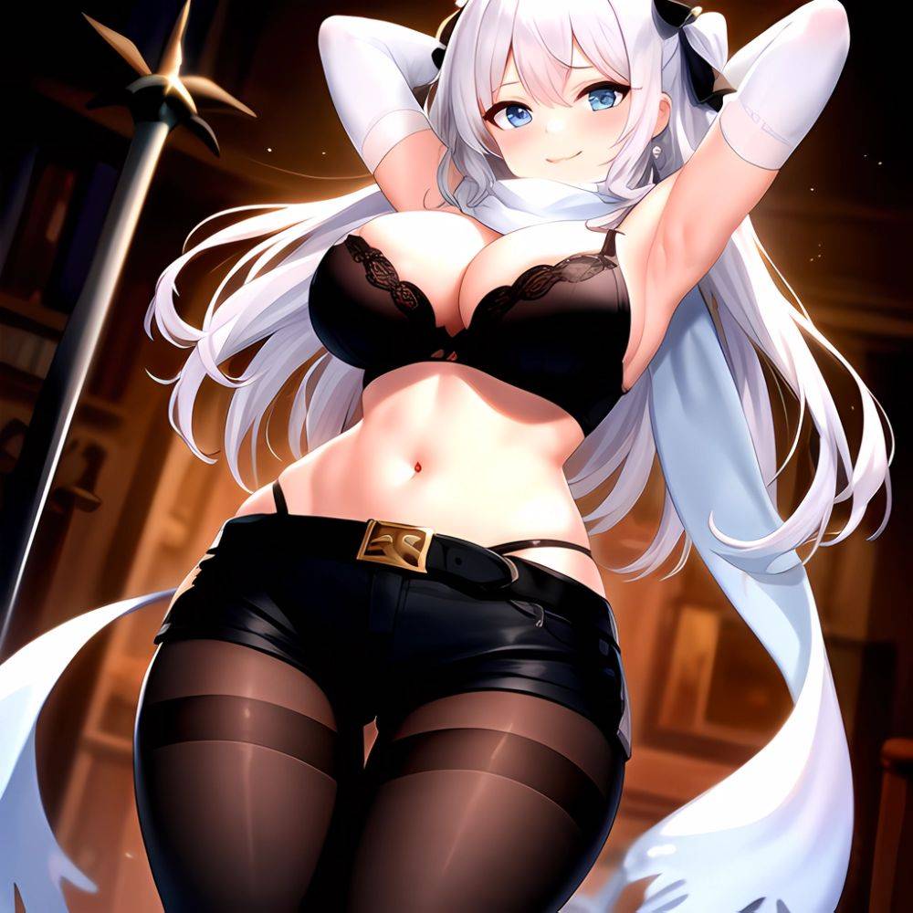 1girl Armpits Arms Behind Head Belt Black Bra Black Gloves Black Pantyhose Blue Eyes Blurry Blurry Background Bra Breasts Curvy, 880700116 - AIHentai - #main