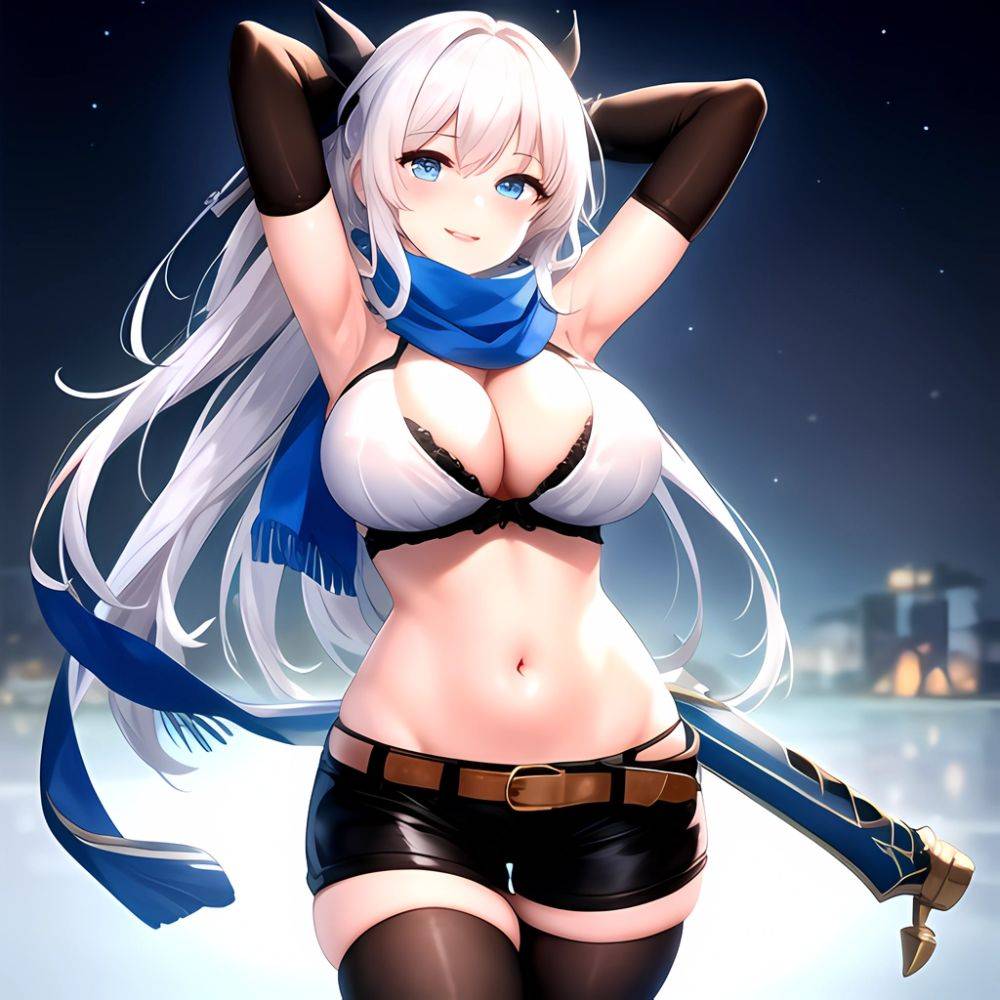 1girl Armpits Arms Behind Head Belt Black Bra Black Gloves Black Pantyhose Blue Eyes Blurry Blurry Background Bra Breasts Curvy, 4278731747 - AIHentai - #main