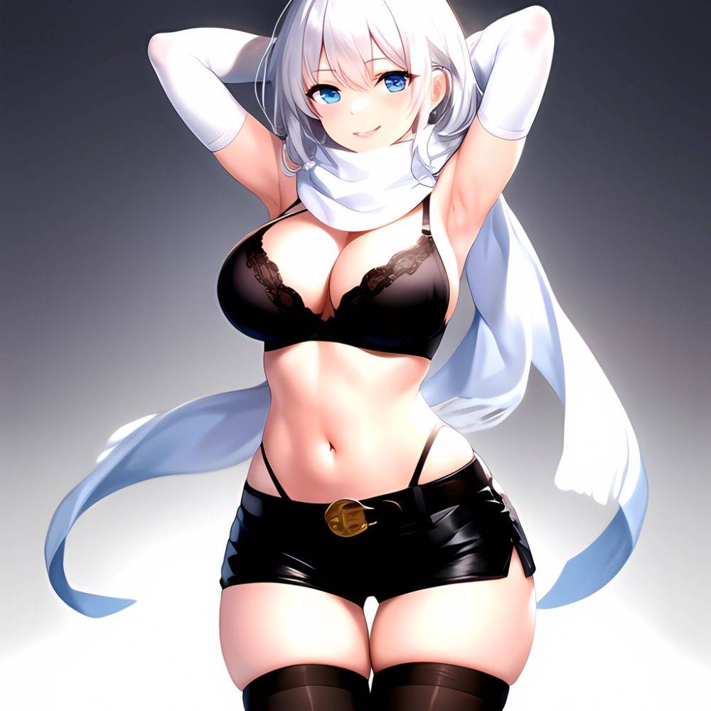 1girl Armpits Arms Behind Head Belt Black Bra Black Gloves Black Pantyhose Blue Eyes Blurry Blurry Background Bra Breasts Curvy, 3858620075 - AIHentai - #main