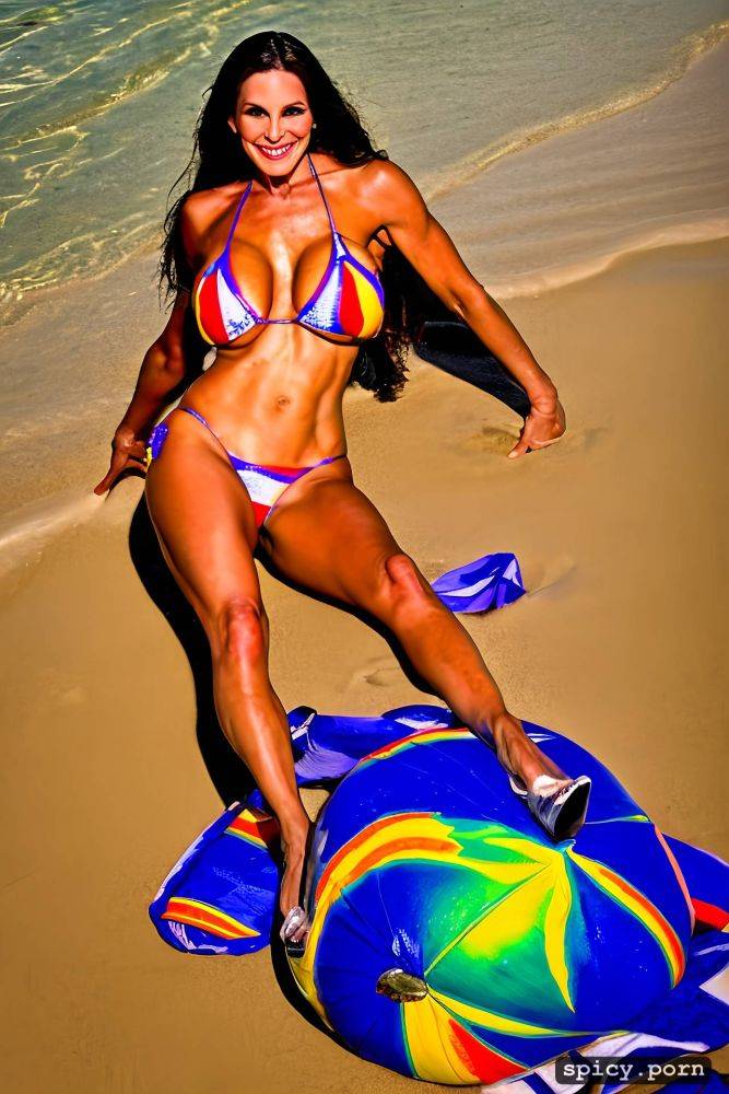 color portrait, long hair, 68 yo beautiful performing white rio carnival dancer at copacabana beach - #main