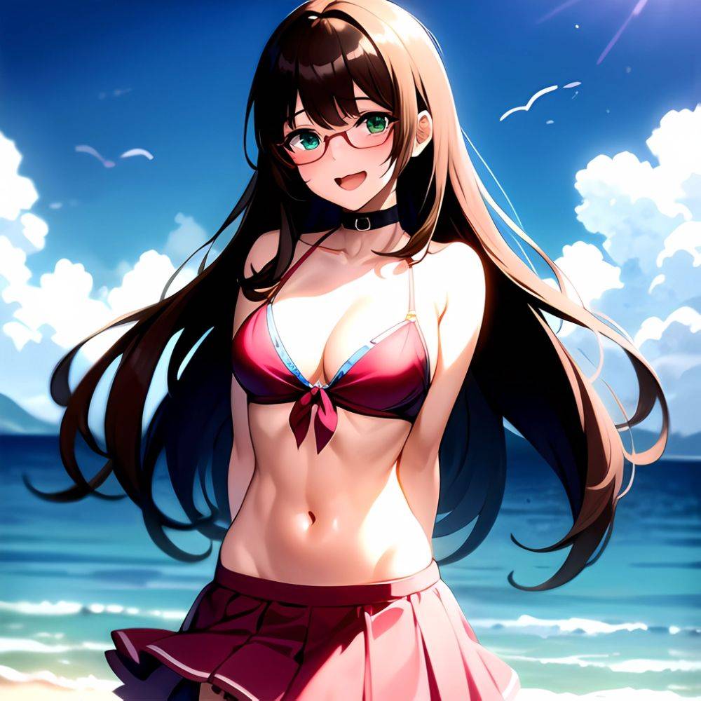 1girl D Bikini Bikini Bottom Aside Bikini Skirt Black Choker Blush Breasts Brown Hair Choker Cleavage Clothing Aside Front Tie, 3342441042 - AIHentai - #main