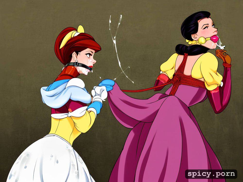 gag, cum stains, long satin dress, drooling, belle, tied, disney princess - #main