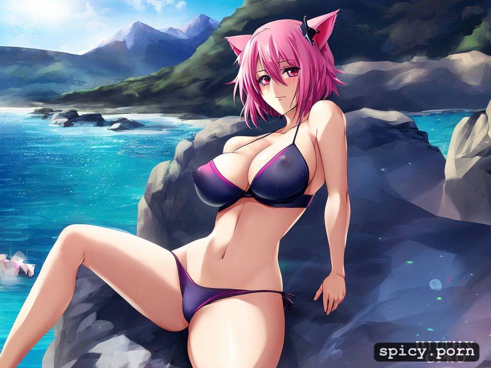 small ass, cat ears, beautiful face, short hair, mountains, swimsuit - #main