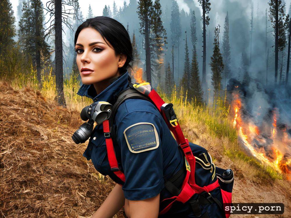side view, tired sweaty face, portrait, black hairs, lifting up scba self contained breathing apparatus mask - #main