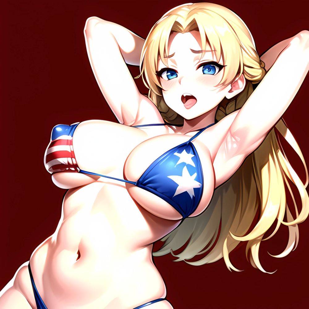 1girl American Flag Bikini Armpits Arms Behind Head Bikini Blonde Hair Blue Eyes Blush Breasts Covered Erect Nipples Flag Print, 2294477331 - AIHentai - #main