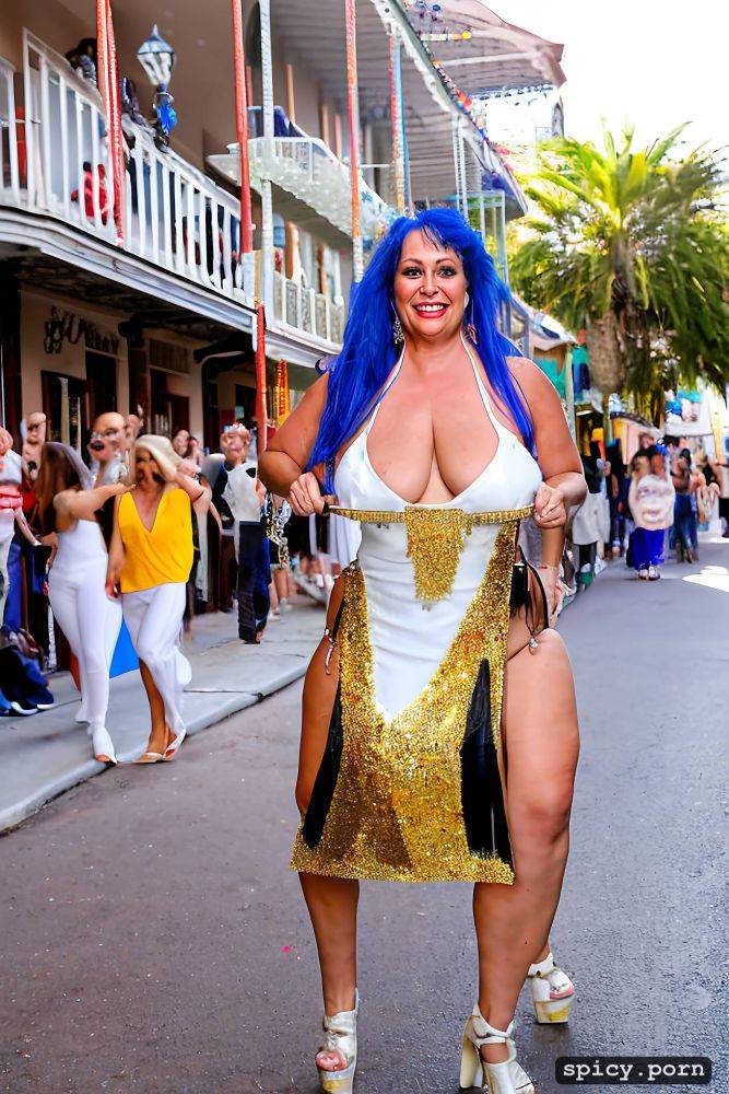 color portrait, long hair, 65 yo beautiful performing white mardi gras dancer on bourbon street - #main