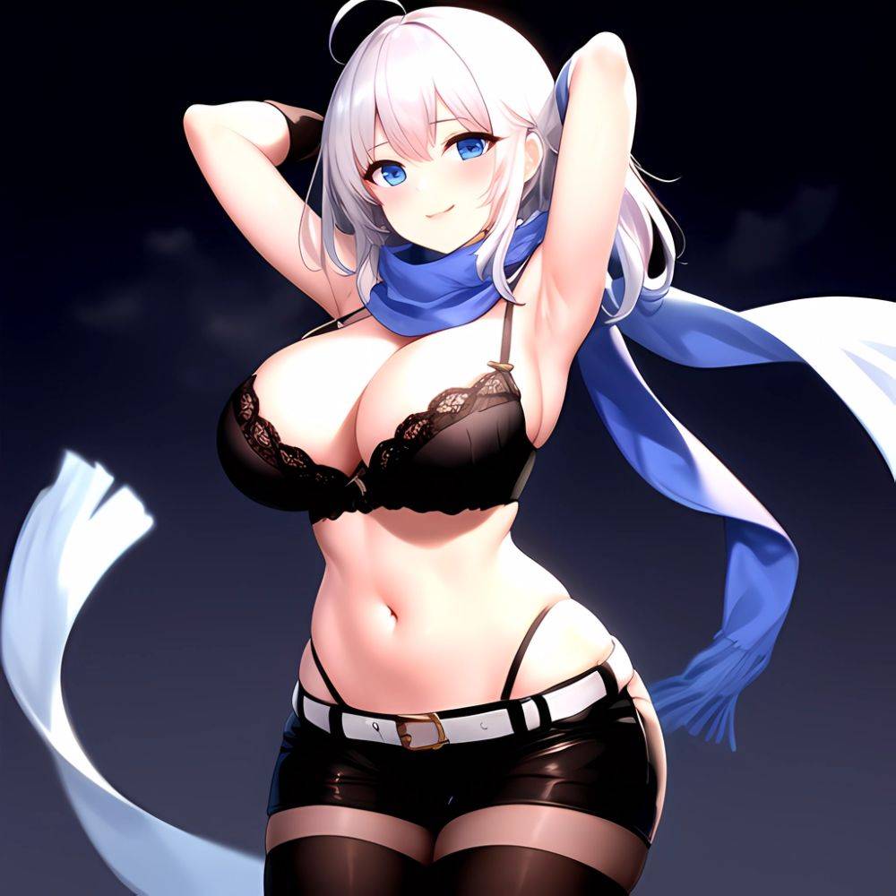 1girl Armpits Arms Behind Head Belt Black Bra Black Gloves Black Pantyhose Blue Eyes Blurry Blurry Background Bra Breasts Curvy, 3912049522 - AIHentai - #main