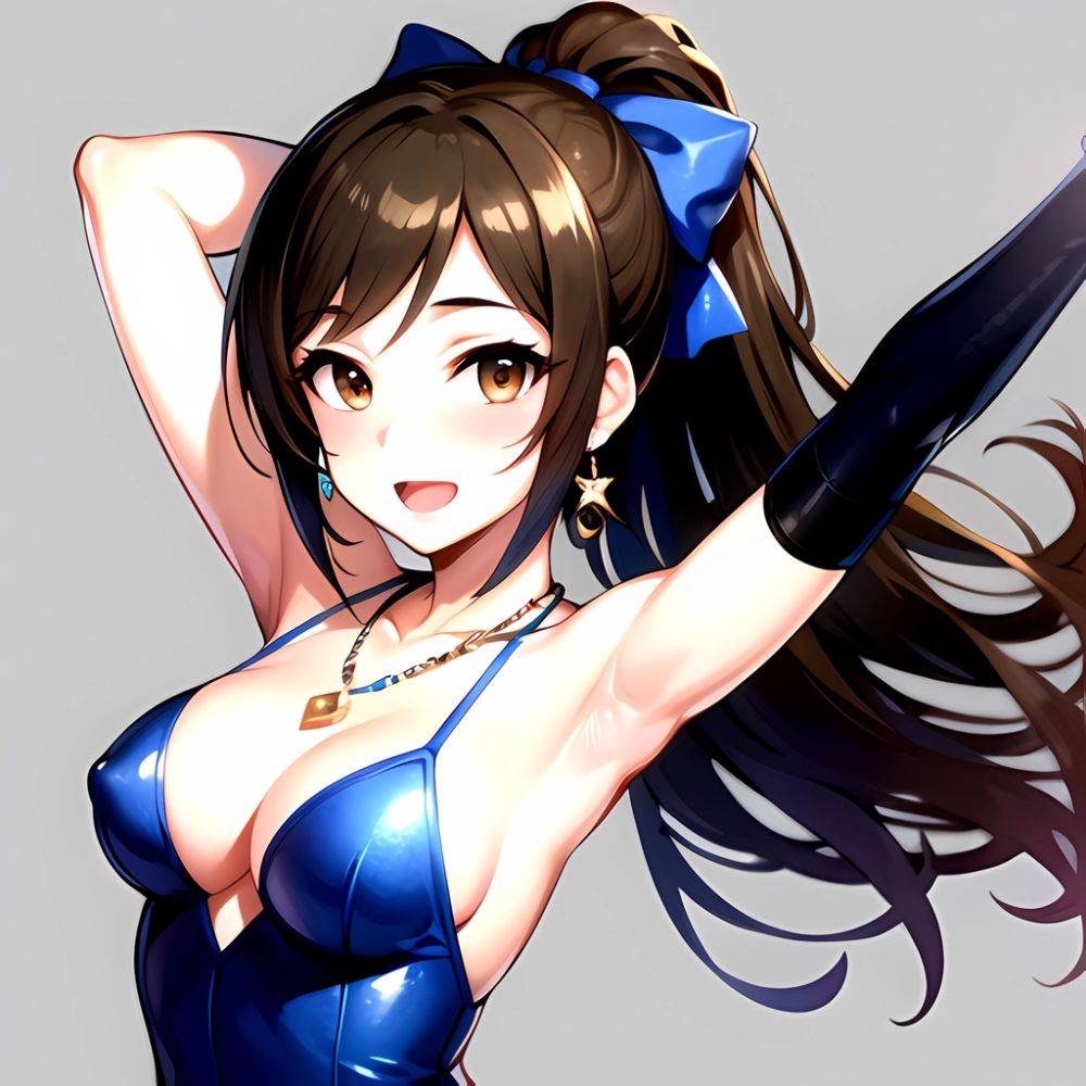 1girl Absurdres Armpits Arms Up Ayase Honoka Black Gloves Blue Bow Blue Dress Blush Bow Breasts Brown Eyes Brown Hair, 1368161207 - AIHentai - #main