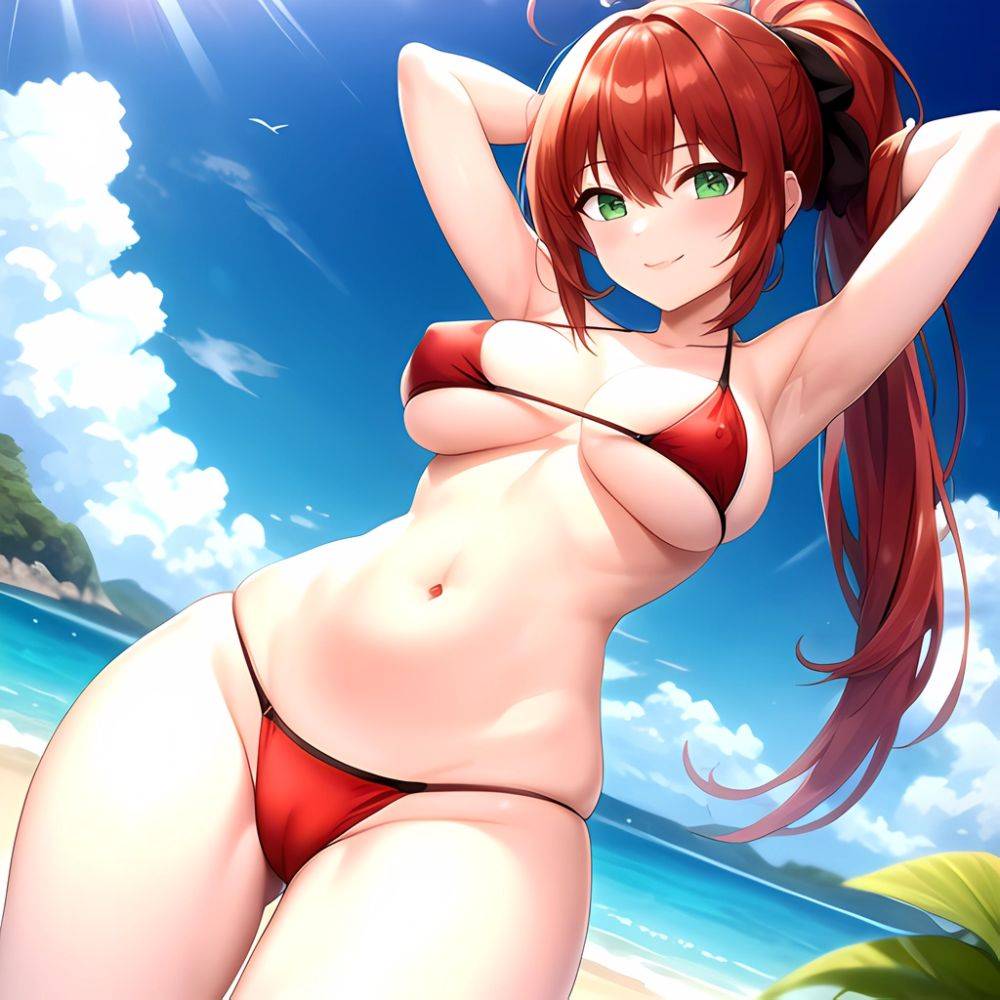 1girl Armpits Arms Behind Head Arms Up Bikini Breasts Closed Mouth Collarbone Covered Nipples Day Green Eyes Highres Jung Freud, 1287692897 - AIHentai - #main