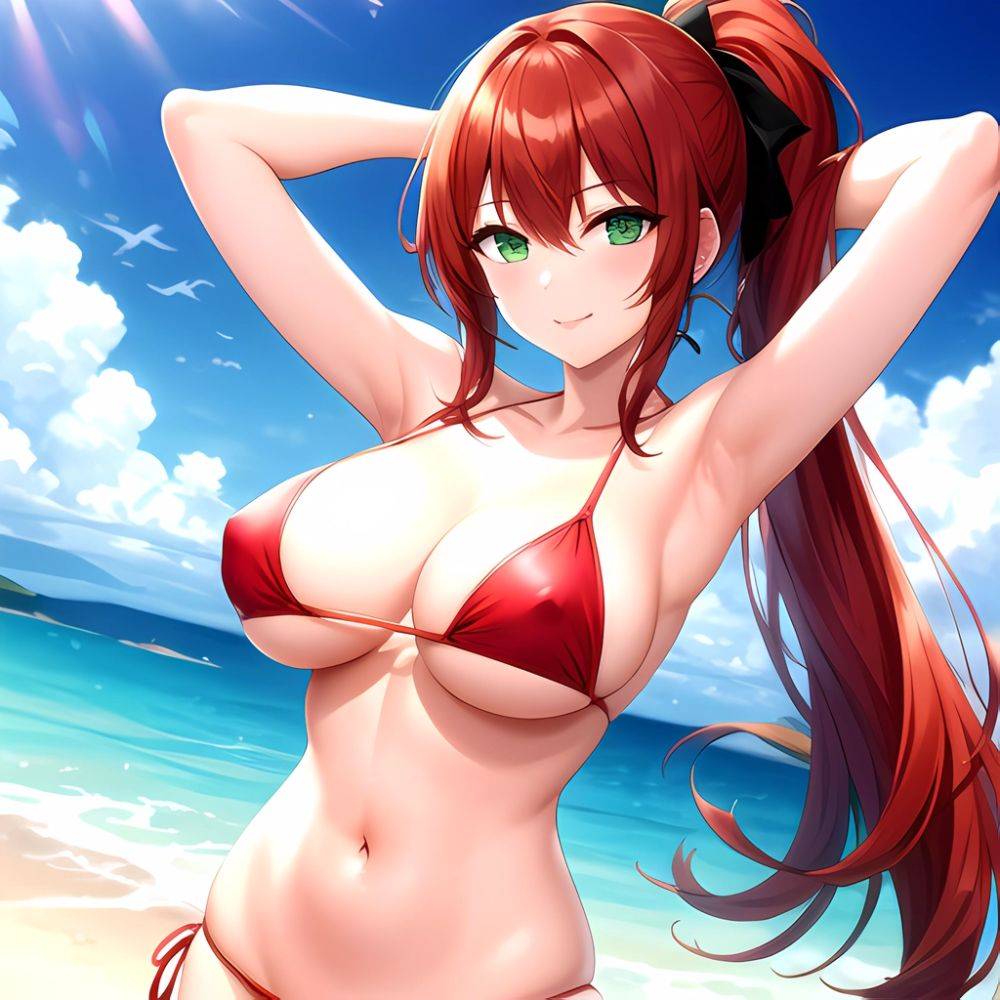 1girl Armpits Arms Behind Head Arms Up Bikini Breasts Closed Mouth Collarbone Covered Nipples Day Green Eyes Highleg Highleg Bik, 342840808 - AIHentai - #main