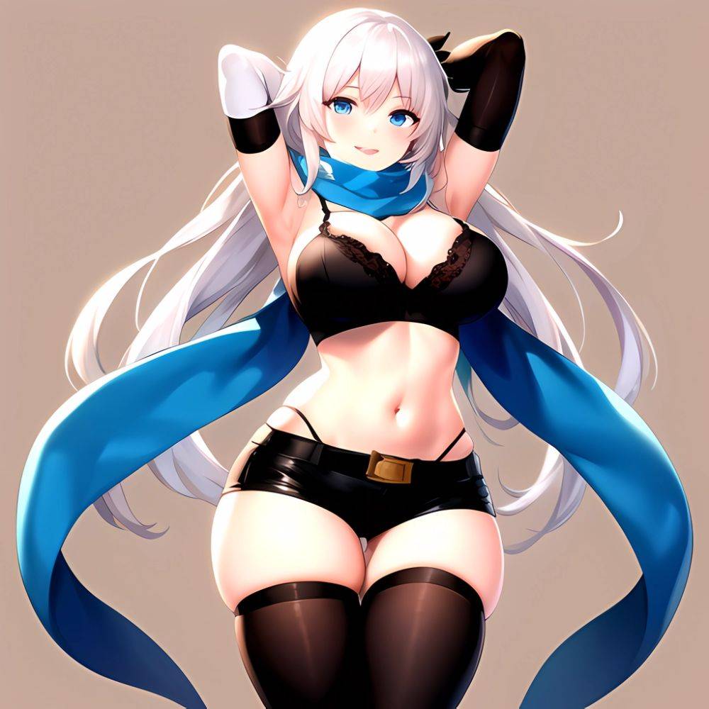1girl Armpits Arms Behind Head Belt Black Bra Black Gloves Black Pantyhose Blue Eyes Blurry Blurry Background Bra Breasts Curvy, 1019507072 - AIHentai - #main