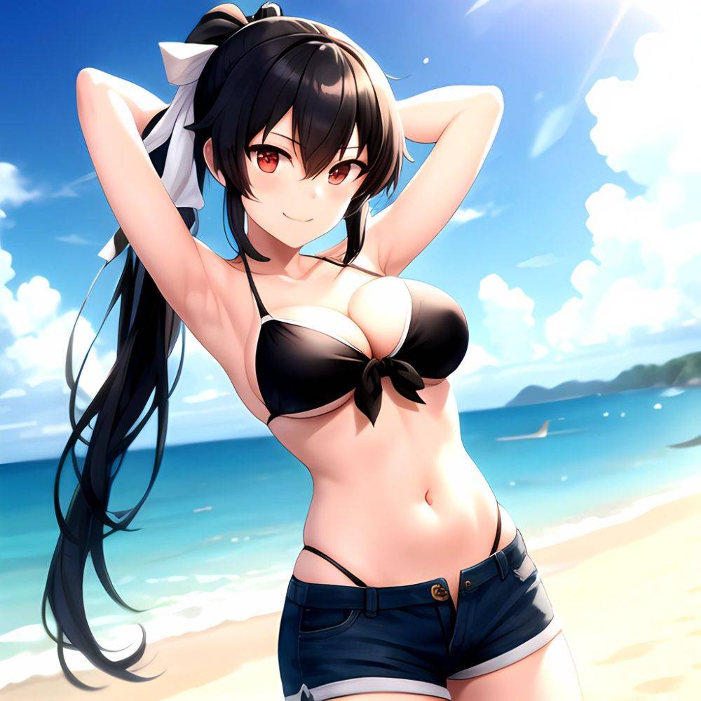 1girl Arms Behind Head Armpits Beach Bikini Bikini Under Shorts Black Bikini Black Hair Blurry Blurry Background Breasts Cleavag, 3895354361 - AIHentai - #main