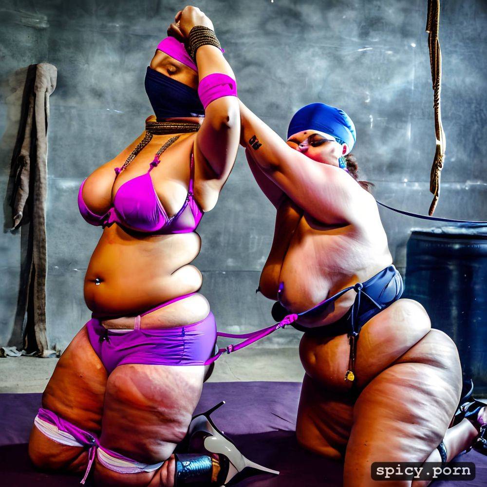 2 curvy busty fat large bbw arab women tied up on floor inside a warehouse sex dungeon she is blindfolded with a belly button piercing panties on head high heels roped ankles collared leash for pets bedouin concrete - #main