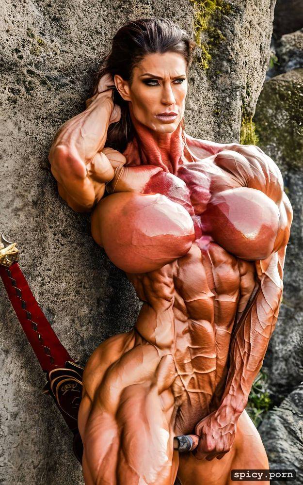 perfect face, nude extreme muscular woman protects a weak princess - #main